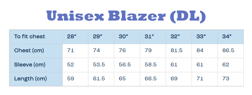 unisex blazer 194 size guide